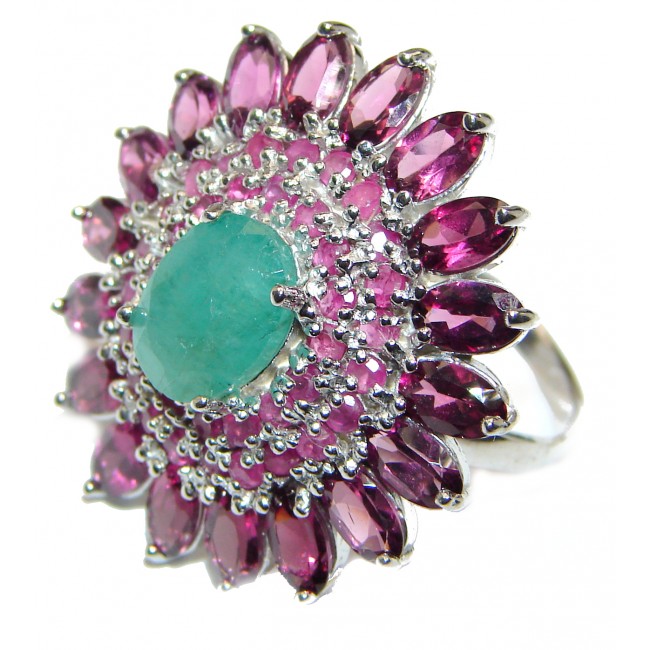 Genuine Emerald Ruby .925 Sterling Silver handcrafted Statement Ring size 7 3/4