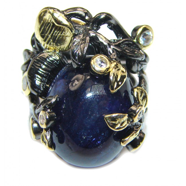 Large Genuine 45ctw Sapphire 18K Gold over .925 Sterling Silver handcrafted Statement Ring size 8 adjustable
