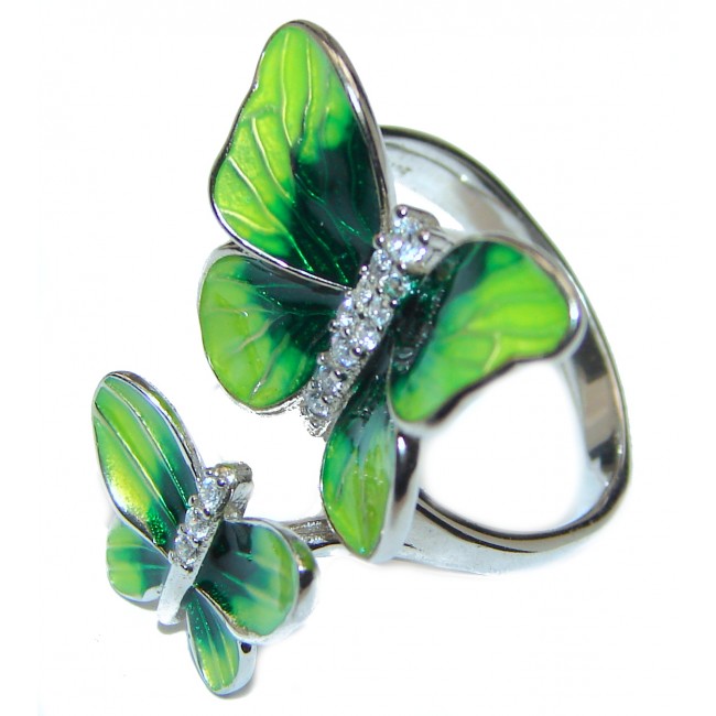 Elegant Enamel Green Butterflies .925 Sterling Silver Ring s. 7 1/2