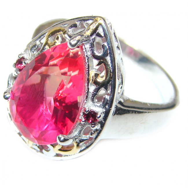 HUGE pear cut Pink Tourmaline 18K Gold over .925 Sterling Silver handcrafted Ring s. 9