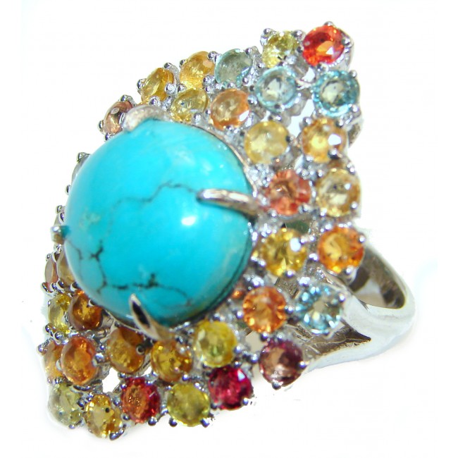 Large Turquoise multicolor Sapphire .925 Sterling Silver ring; s. 9