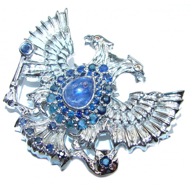 Russian National Emblem genuine Sapphire .925 Sterling Silver handmade Pendant - Brooch