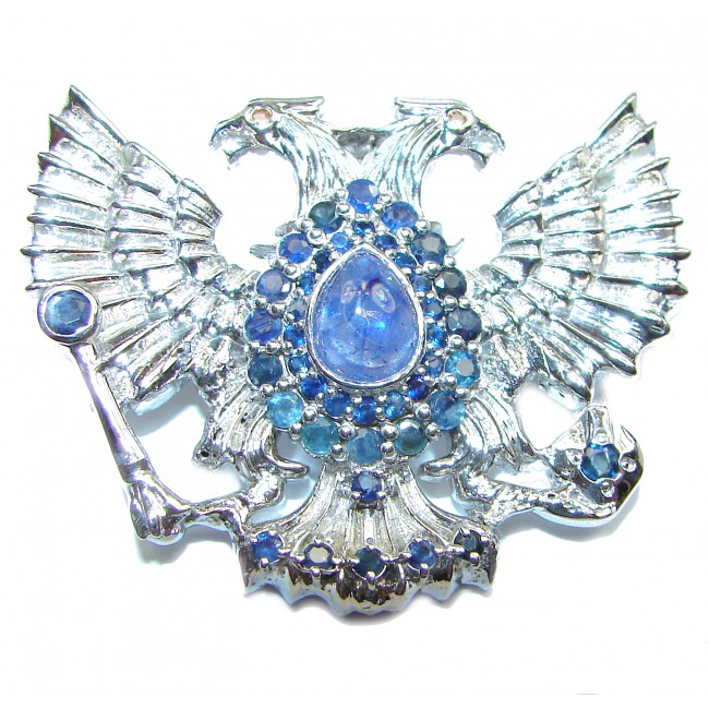 Russian National Emblem genuine Sapphire .925 Sterling Silver handmade Pendant - Brooch