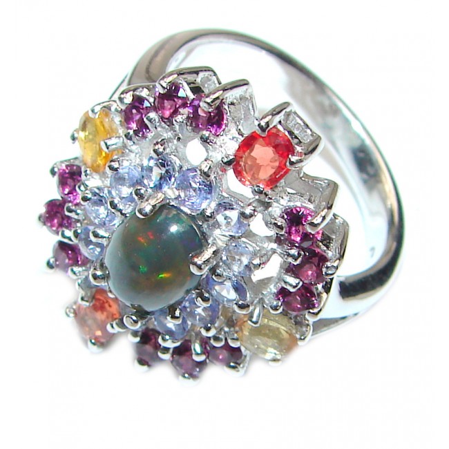Fancy Black Opal multicolor Sapphire .925 Sterling Silver handcrafted ring size 9