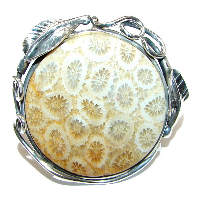 HUGE Natural Fossilized Coral .925 Sterling Silver handmade ring s. 7 adjustable