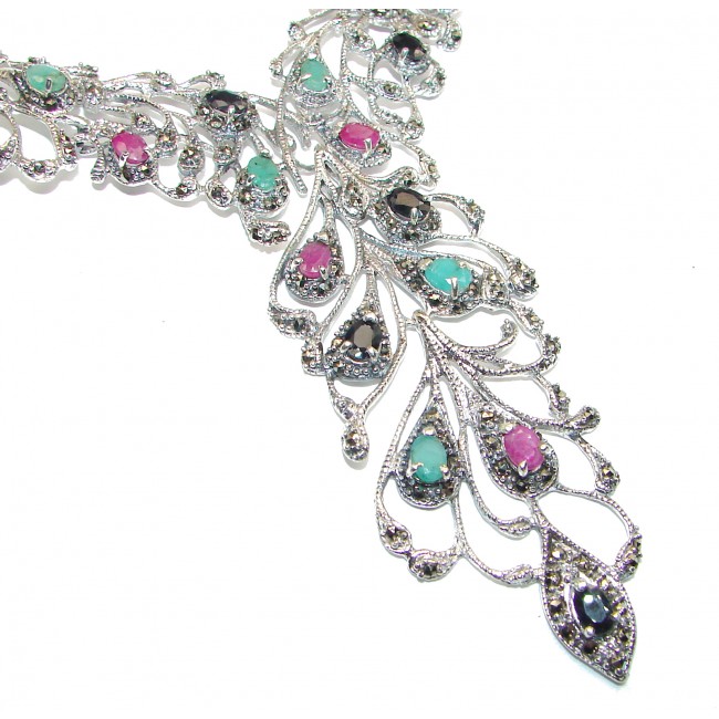 Magnificent Jewel authentic Kashmir Ruby Marcasite .925 Sterling Silver handcrafted necklace