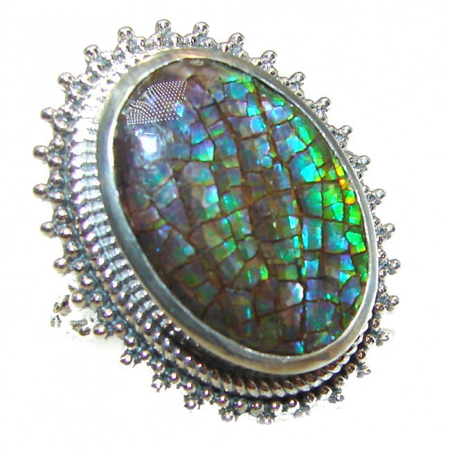 Outstanding Genuine Canadian Ammolite .925 Sterling Silver handmade ring size 8 1/4