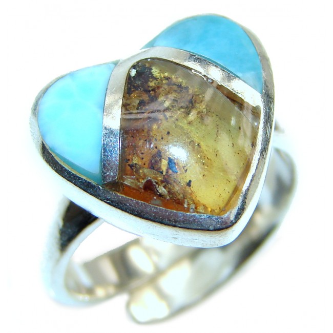 Blue Larimar Amber Angel's Heart .925 Sterling Silver handcrafted Ring s. 7 adjustable