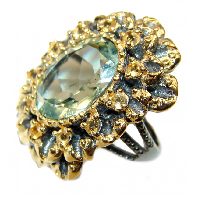 Spectacular Natural Green Amethyst 18K Gold over .925 Sterling Silver handcrafted ring size 6 1/4
