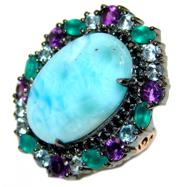 Emily Real Beauty Natural Larimar black rhodium .925 Sterling Silver handcrafted Large Ring s. 7