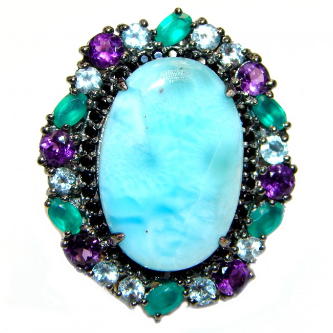 Emily Real Beauty Natural Larimar black rhodium .925 Sterling Silver handcrafted Large Ring s. 7