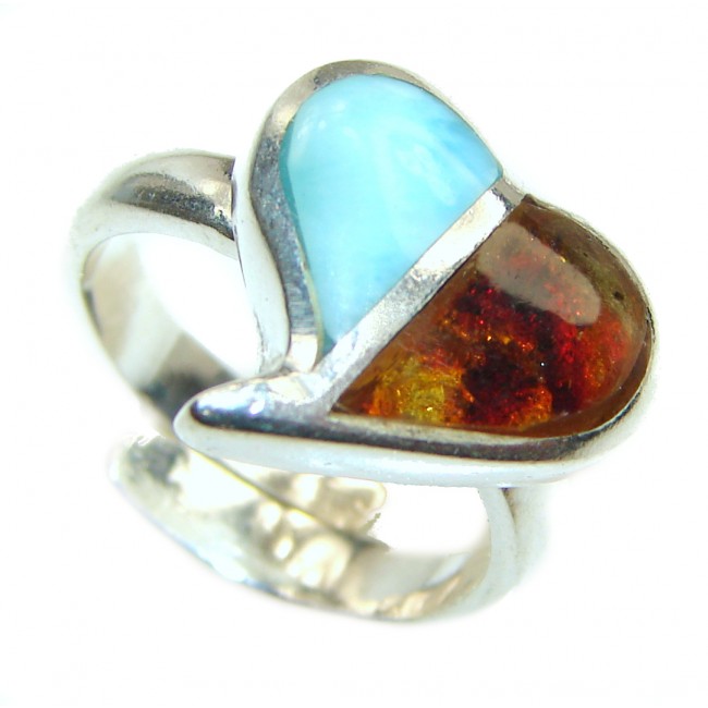 Blue Larimar Amber Angel's Heart .925 Sterling Silver handcrafted Ring s. 7 adjustable