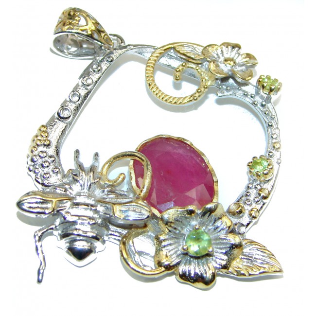 Enchanted Garden Ruby 2 tones .925 Sterling Silver handcrafted pendant