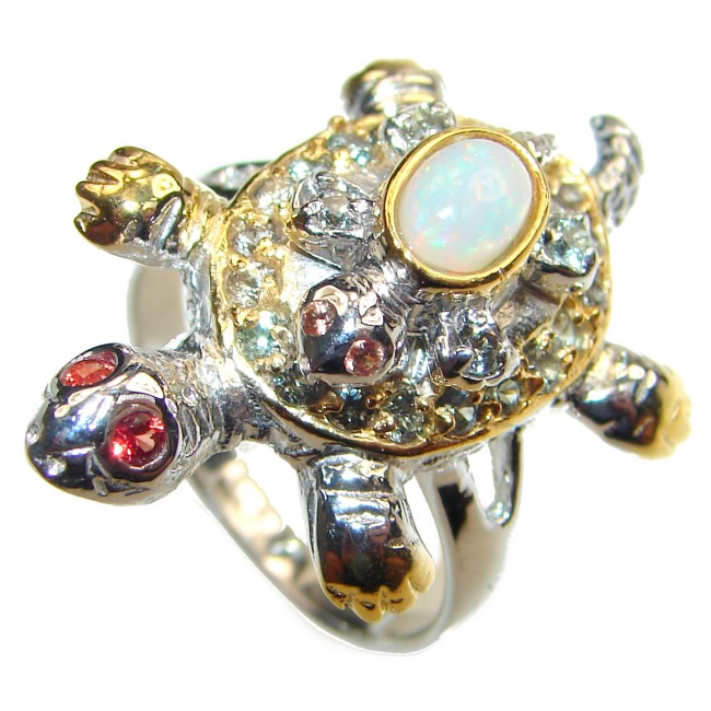 Good health and Long life Turtle 18ctw Genuine Ethiopian Opal 24K Gold over .925 Sterling Silver handmade Ring size 8