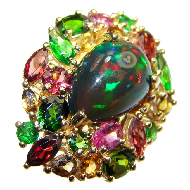 Incredible natural Fire Black Opal 18K Gold over .925 Sterling Silver handcrafted ring size 6 1/4