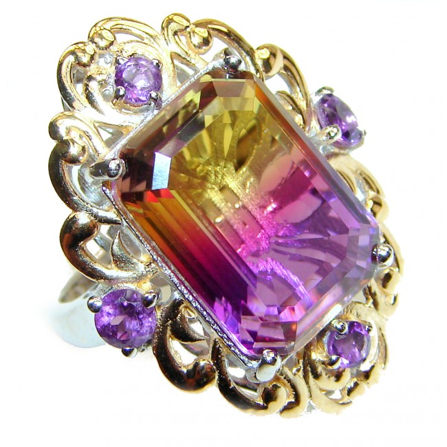 HUGE emerald cut Ametrine 18K Gold over .925 Sterling Silver handcrafted Ring s. 7 1/2