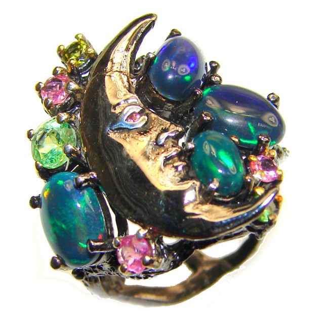 Magic Night Genuine Black Opal 18K Gold over .925 Sterling Silver handmade Ring size 8
