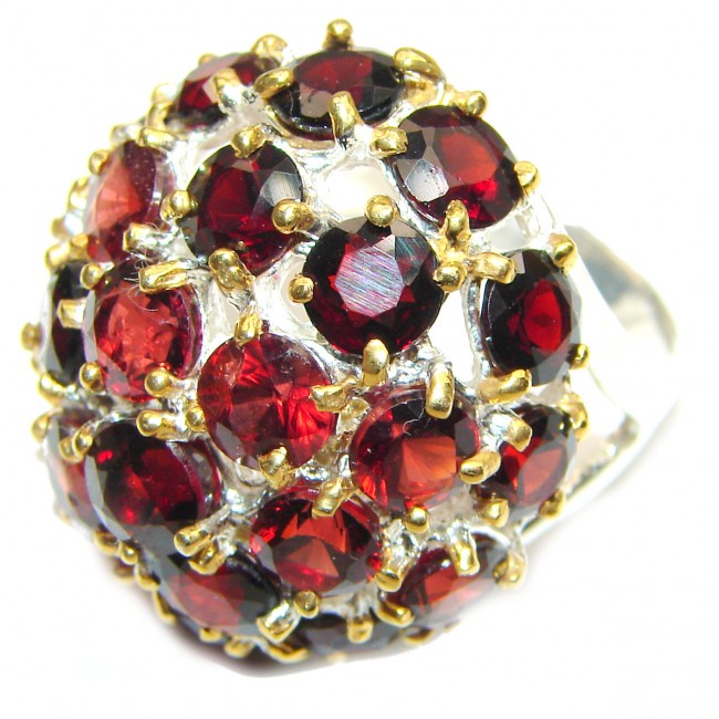 Floral Natural Red Garnet 2 tones & .925 Sterling Silver handcrafted ring size 7 1/4