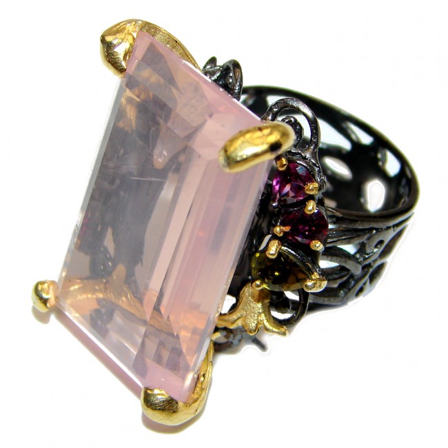 Baguette cut 88ctw Pink Perfection Rose Quartz 18K Gold over .925 Sterling Silver Ring size 8 3/4