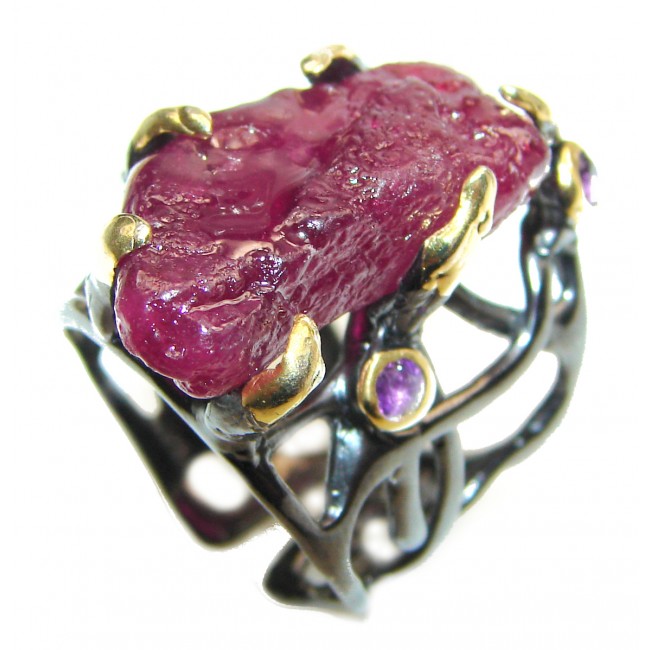 Authentic Rough Ruby black rhodium over 2 tones .925 Sterling Silver Ring size 7 adjustable