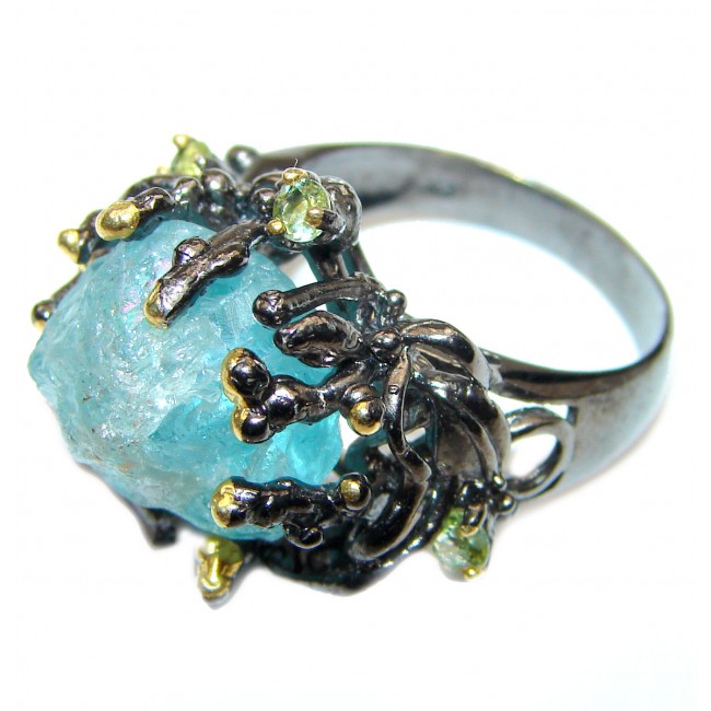 Huge Rough Aquamarine 18k Gold Rhodium over .925 Sterling Silver handcrafted ring size 6 3/4