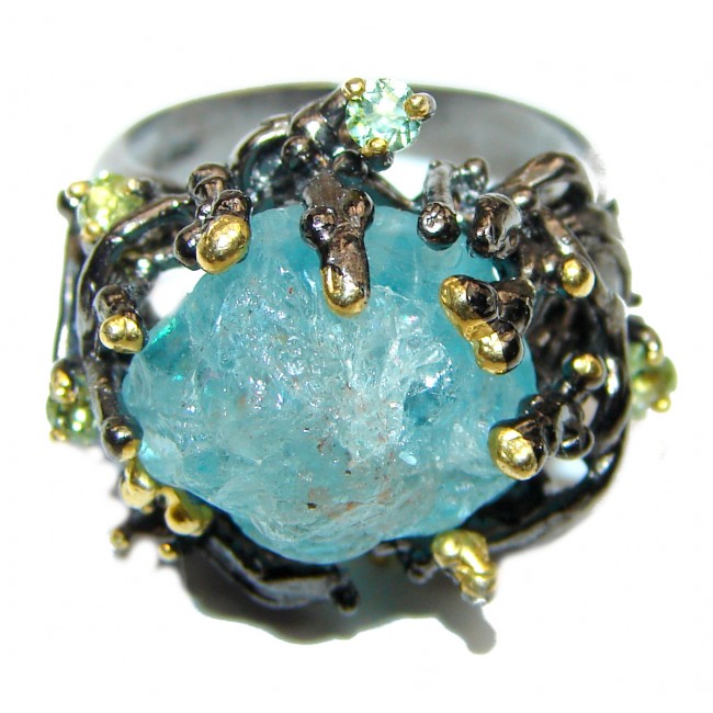 Huge Rough Aquamarine 18k Gold Rhodium over .925 Sterling Silver handcrafted ring size 6 3/4