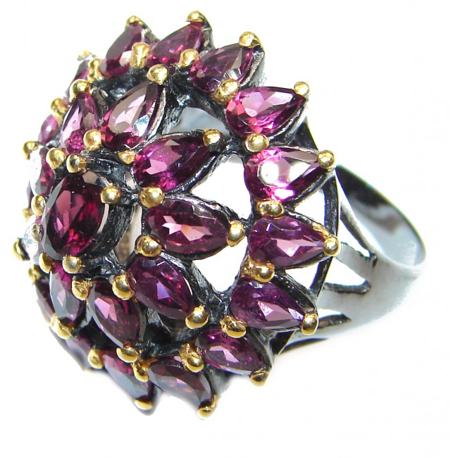 Floral Natural Red Garnet black rhodium over & .925 Sterling Silver handcrafted ring size 8 3/4