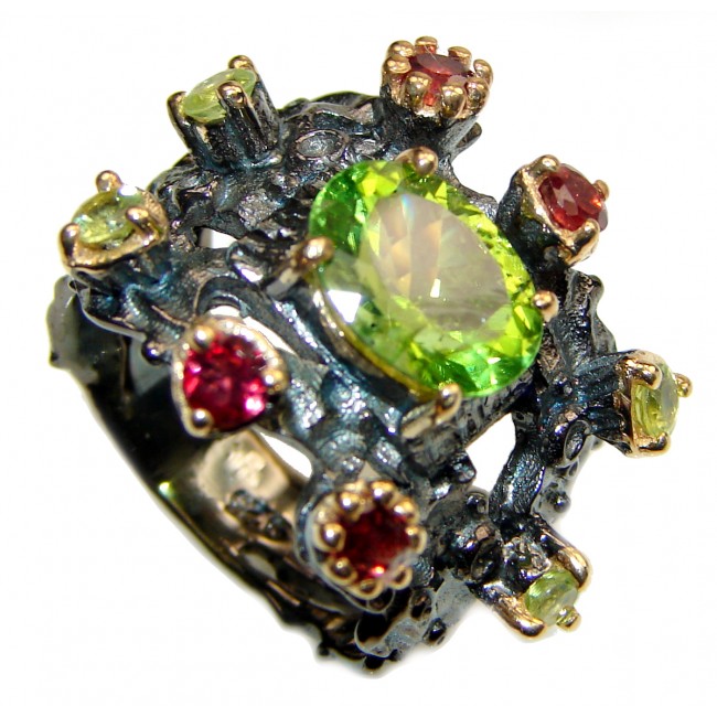 Energizing genuine Peridot Garnet black rhodium over .925 Sterling Silver handcrafted Ring size 7