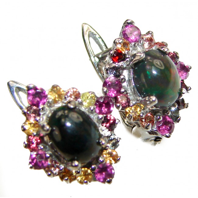 Chunky Black Opal & Tourmaline .925 Sterling Silver handmade Earrings