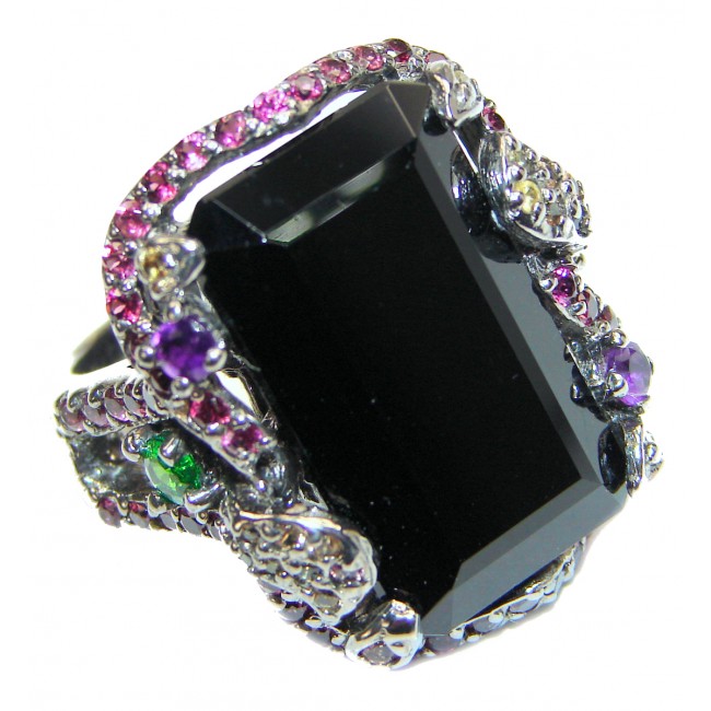 Huge Flower Black Onyx & White Topaz .925 Sterling Silver handcrafted ring; s. 9