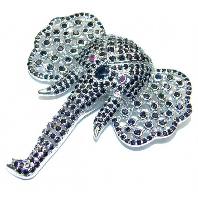 Large Elephant genuine Sapphire .925 Sterling Silver handmade Pendant - Brooch