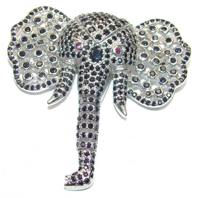 Large Elephant genuine Sapphire .925 Sterling Silver handmade Pendant - Brooch