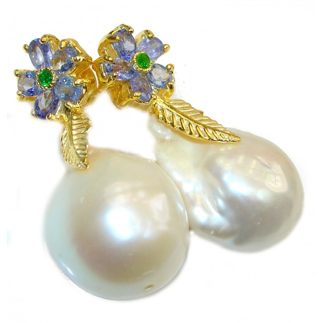 Precious Baroque Style genuine Mother of Pearl Emerald 24K Gold over .925 Sterling Silver earrings