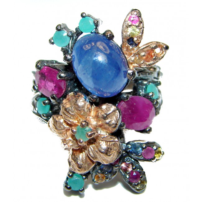 Incredible Bouquet Sapphire ruby Emerald .925 Sterling Silver handcrafted ring size 8