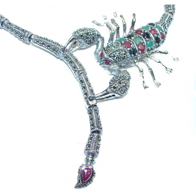Large SCORPIO Genuine Ruby Emerald Sapphire Marcasite .925 Sterling Silver handmade handcrafted Necklace