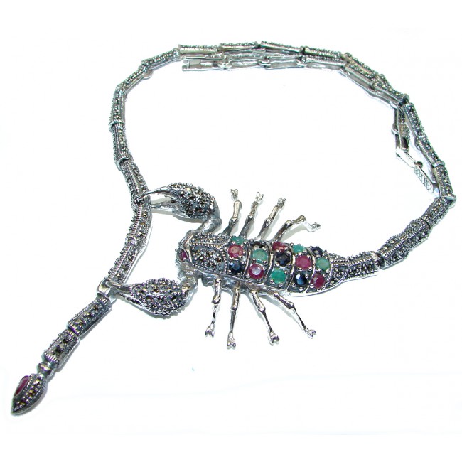 Large SCORPIO Genuine Ruby Emerald Sapphire Marcasite .925 Sterling Silver handmade handcrafted Necklace