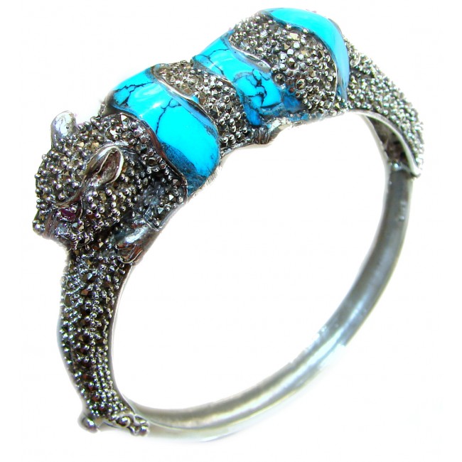 Cheetah Genuine Turquoise Marcasite .925 Sterling Silver handmade Bracelet