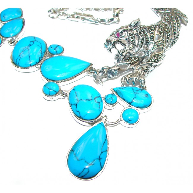 MASSIVE Panthere Genuine Turquoise Marcasite .925 Sterling Silver handmade handcrafted Necklace