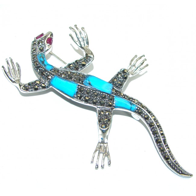 Spectacular Big Chameleon lizard Natural Turquoise .925 Sterling Silver handmade Pendant Pin