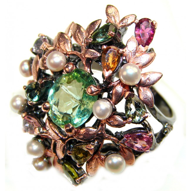 Large Chunky oval cut 25ctw Green Amethyst rose gold over .925 Sterling Silver handcrafted ring s. 9