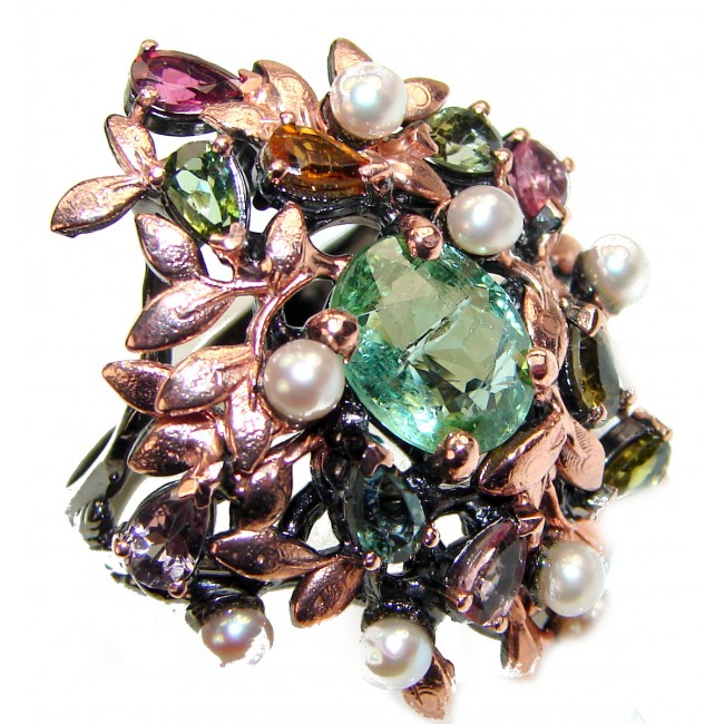 Large Chunky oval cut 25ctw Green Amethyst rose gold over .925 Sterling Silver handcrafted ring s. 9