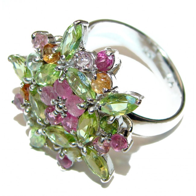 Flower Fields Large Authentic Ruby Sapphire Peridot .925 Sterling Silver handmade .925 Sterling Silver handmade Cocktail Ring s. 8 1/4