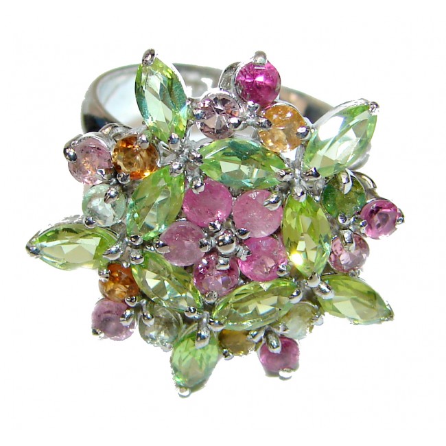 Flower Fields Large Authentic Ruby Sapphire Peridot .925 Sterling Silver handmade .925 Sterling Silver handmade Cocktail Ring s. 8 1/4