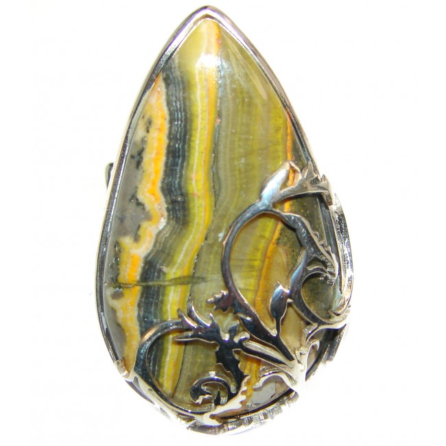 Vivid Beauty Yellow Bumble Bee Jasper .925 Jasper Sterling Silver LARGE ring s. 8 adjustable