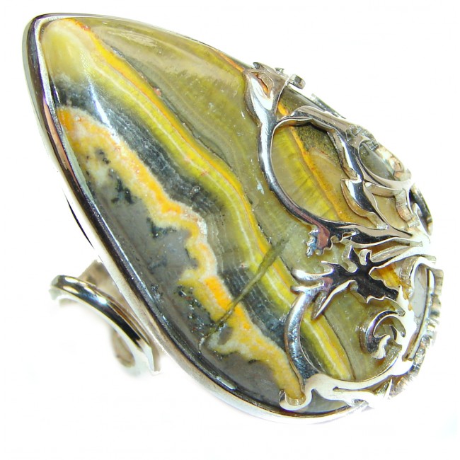 Vivid Beauty Yellow Bumble Bee Jasper .925 Jasper Sterling Silver LARGE ring s. 8 adjustable