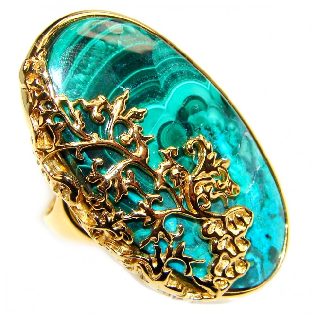 Natural Sublime quality Malachite 14k Gold over .925 Sterling Silver handcrafted ring size 9