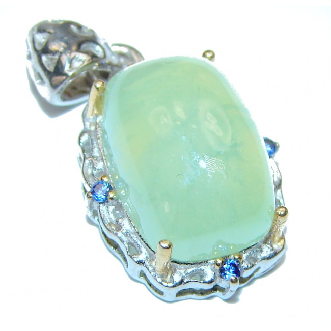Authentic Moss Prehnite two tones .925 Sterling Silver handmade pendant