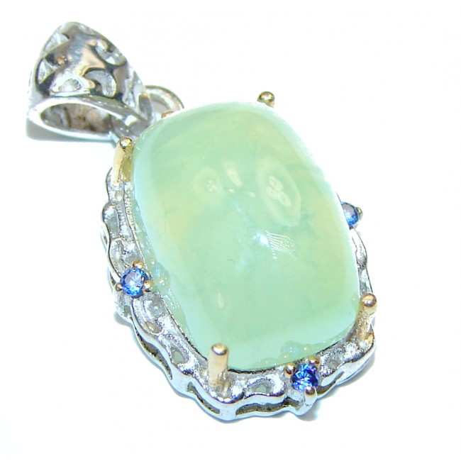 Authentic Moss Prehnite two tones .925 Sterling Silver handmade pendant