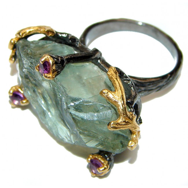 Huge Natural Rough Green Amethyst 14k Gold over .925 Sterling Silver handmade Cocktail Ring s. 6 1/4