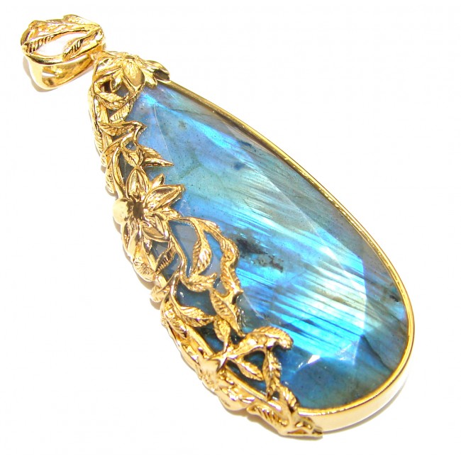 Blue Fire faceted Labradorite gold over .925 Sterling Silver handcrafted Pendant